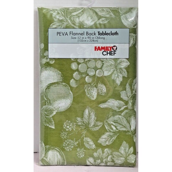 Green White Harvest Fruit PEVA Tablecloth 52 x 90-in Flannel Backing Kitchen NIP - Picture 1 of 6